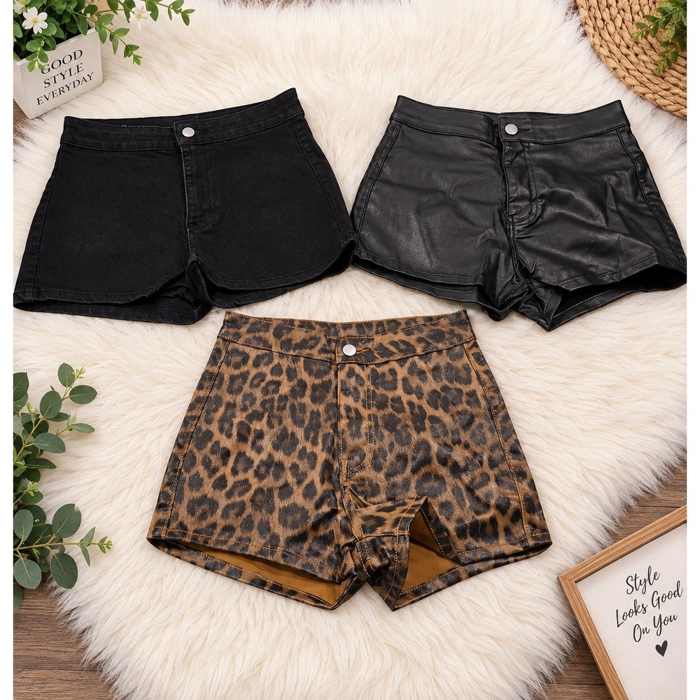 SHEIN High‑Waist Shorts Bundle – Black Denim, Faux Leather & Leopard – XS/Small